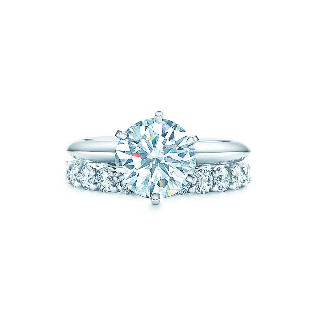 Tiffany Setting engagement ring and shared-setting band ring with diamonds in platinum.